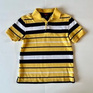 Tommy Hilfiger Size Small Yellow White Navy Blue Striped Polo Shirt